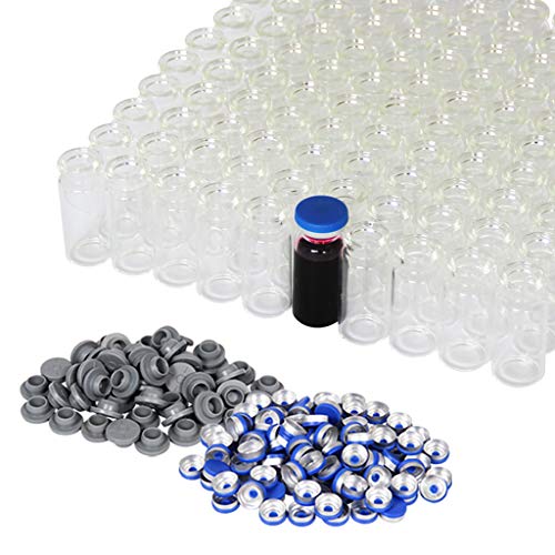 10 ml Klar Glasfläschchen mit Kunststoff-Aluminium-Klappkappen und Gummistopfen, 100 Stück, 20 mm flacher Boden, Laborfläschchen