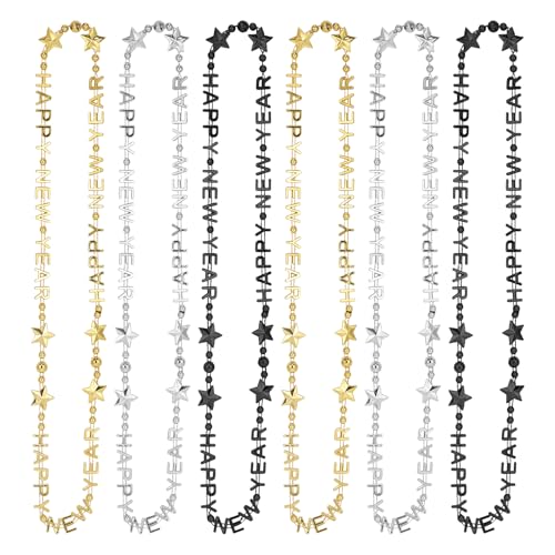 LQTSLFM 6 Stück Happy New Year Perlenkette, Silvester Deko 2025 Gold, Neujahr Perlenkette Damen, Silvester Party Halskette, Perlenkette für Silvester Party Zubehör (Schwarz, Gold, Silber-6 Pcs)