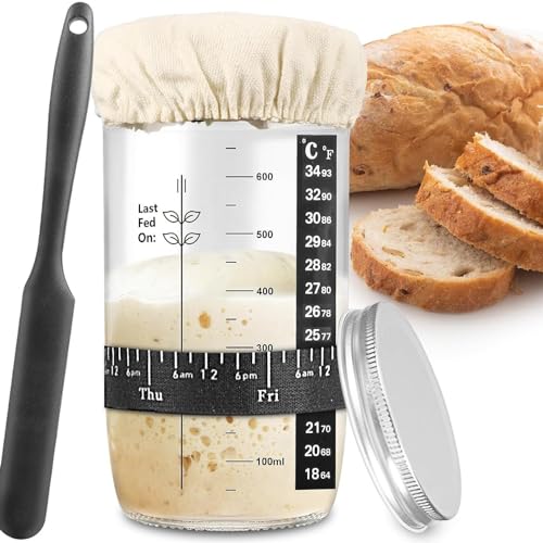 PIQIUQIU Sauerteig-Starterglas 24oz/680ml, Glas-Sauerteig-Starter-Kit mit Dattel-Fütterungsband, Thermometer, deckel, Silikonspatel,wiederverwendbares Sauerteig-Brot-Backzubehör