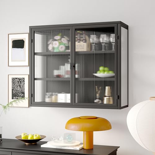 Retro Welle Glastür Wandschrank mit abnehmbaren Regalen, passend für Büros, Esszimmer, Wohnzimmer, Küchen und Badezimmer (C1-Schwarz)