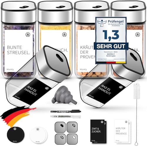 Miorkly 6 Gewürzgläser Eckig,120ML Gewürzdosen Set mit Streueinsatz,Gewürzstreuer mit Drehdeckel-Starke Versiegelung,Edelstahl-Glas Gewürz Organizer inklusive Trichter, Etikett und Stift