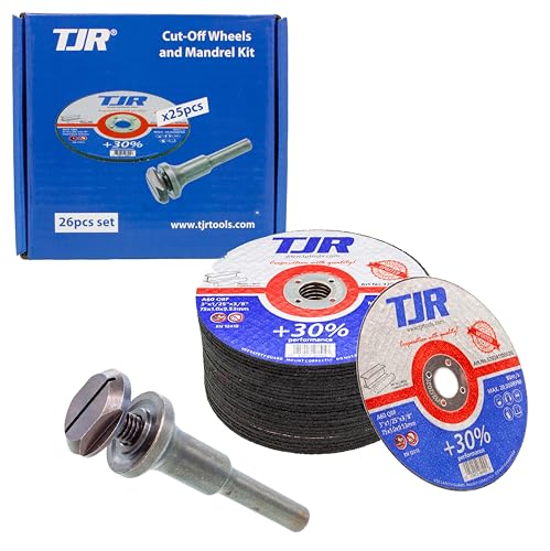 TJR© Stabschleifer-Trennscheiben- und Dorn-Kit - Inklusive 1 Stück 6 mm x 9,53 mm Dorn und 25 Stück 75 mm x 1 mm Dünne Scheiben, A60 QBF, 9,53 mm AH