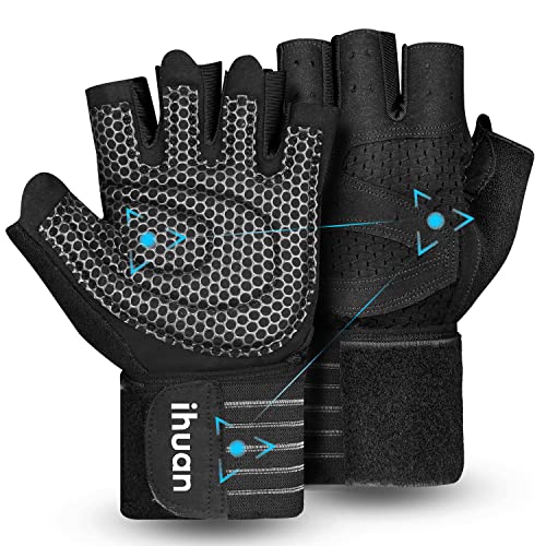 ihuan Belüftete Fitness Handschuhe mit Handgelenkband-Unterstützung für Herren und Frauen | Schwarze Trainingshandschuhe | kompletter Handflächenschutz für Gewichtheben, Training, Fitness, Klimmzüge