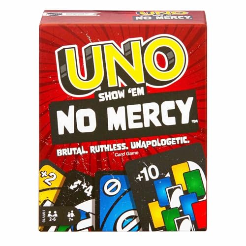 UNO Show 'em No Mercy - 56 zusätzliche Karten, harte Aktionskarten und brutale Spielregeln für die gnadenloseste Version, Stapelregel und Handkartentausch, ab 7 Jahren, HWV18