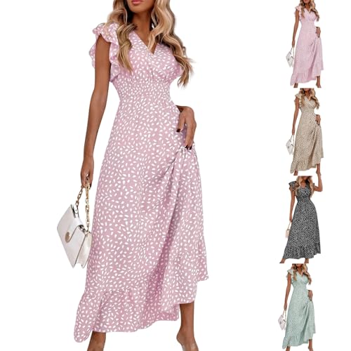 Generisch Sommerkleider Damen, Freizeitkleid, Blumendruck, Ärmellos, Boho-Stil Urlaubslook, Hochzeitsgast Hemdkleid (S, Light pink)