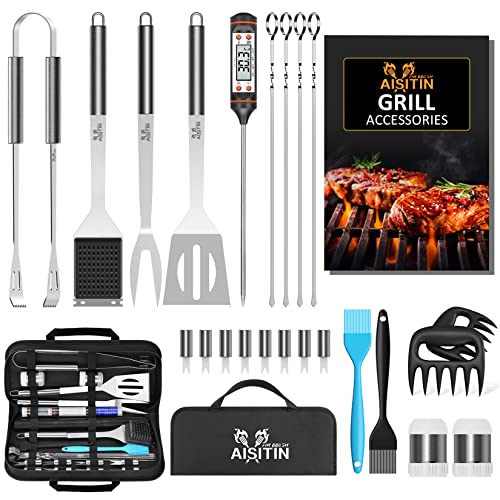 AISITIN 25er BBQ Grillbesteck Tool Set, Grill Zubehör Geschenk für Männer mit Grillkoffer und Grillmatte, aus Hochwertiger Edelstahl für Garten und Camping für Männer und Frauen