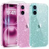 AROYI 3 in 1 Klar Glitzer Handyhülle Kompatibel mit iPhone 16 Hülle Glitzer mit 2 Stück Schutzfolie, Handyhülle iPhone 16 Transparent Weiche TPU Silikon Case [Anti-Yellowing]