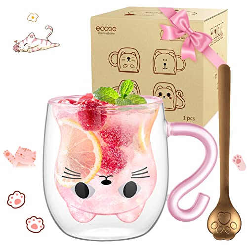 ecooe Doppelwandige Süße katze Latte Macchiato Gläser Kaffeetasse 290ml Kaffeeglas Teegläser für Cappuccino,Latte Macchiato,Tee, Milch, EIS, Bier, Geburtstag Valentinstag Geschenke für Frauen Kinder