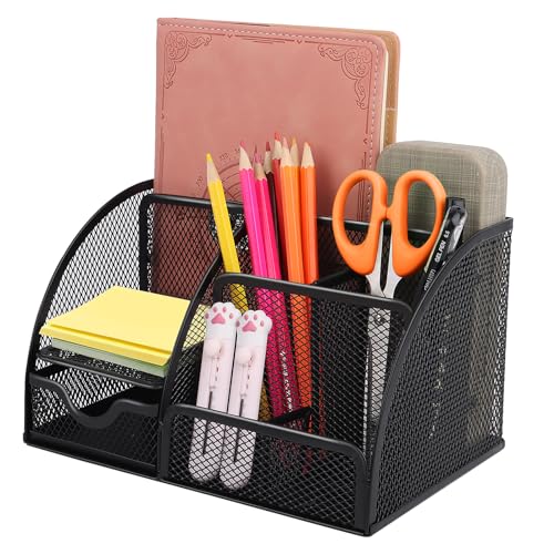 Schreibtisch Organizer aus Metallgeflecht Büro Organizer Office World Metall Schreibtisch Stiftehalter Tisch Organizer Schreibtisch Tidy mit Schublade 6 Sortier Compartments Mesh Metall Büro Organizer