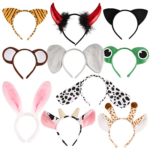 BHGT 10 Pcs Tier Haarreif mit Ohren Stirnbänder Tiger Hund Giraffe Hasen Katze Kostüm Zubehör für Kinder Erwachsene Karneval Geburtstag Themenparty