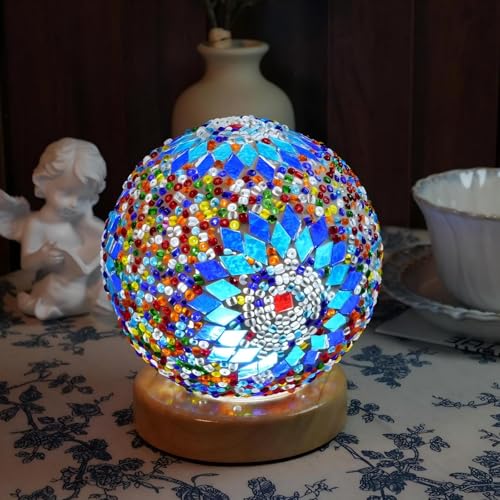 HyDlan Nachttischlampe Glas-Patchwork-Tischlampe, Boho-Stil (15.5 x 12.5cm), USB Stromanschluss Vintage Deko Schreibtischlampe, für modern Deko Schlafzimmer Nachtlampe, Wohnzimmer (Boho-Blau)