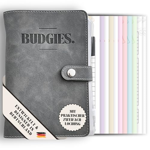 BUDGIES.® Budgetplaner Umschlagmethode Deutsch - A6 - Starterset + Sparchallenges - Finanzplaner Deutsch - Ringbuch - Binder A6 (grau)