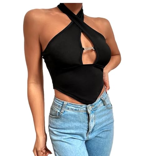 OUBOSI Sexy Schulterfreie Kreuz Verband Aushöhlen Neckholder Bauchfreies Tops Frauen Tank Top Ärmellose Kurze Weste Leibchen Rohr Top Weiblich,schwarz,M