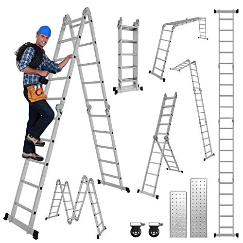 Joparri 4x4 Mehrzweckleiter 470cm 7 in 1 Alu Multifunktionsleiter bis 150 kg mit 2 Transport Rollen und 2 Plattform, Vielzweckleiter Klappleiter Arbeitsleiter Anlegeleiter Steigleiter