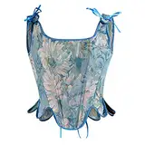 QWUVEDS Damen Sexy Bustier Korsett Top Öse Mode Blumendruck Push Up Crop Tops Vintage Tank Top Party Clubwear Mieder Bauchmieder Damen (4-0115C-Sky Blue, XXXL)