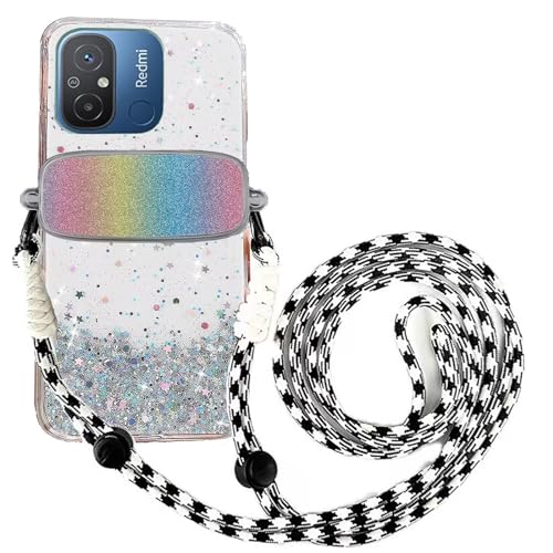 Tivenfezk Nadoli für Xiaomi Redmi 12C Glitzer Handykette Hülle,Silikon Bling Durchsichtig Crossbody Tasche zum Umhängen Schutzhülle mit Telefon Clip Halter Band