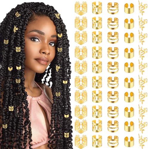 Tyqour 50 Stück Gold-Haarschmuck für Zöpfe, Loc Schmuck für Haar, Manschetten-Clips für Dreadlock-Zubehör, Haarspiralen Clips Haarschmuck für Dreadlocks für Männer Frauen Mädchen und Jungen Zöpfe