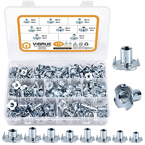 VIGRUE 175 Stück Einschlagmuttern Set mit 4 Einschlagspitzen verzinkter Stahl wahlweise in M5 M6 M8 M10, Einschlaggewinde zur Befestigung von Bauteilen, für Holz Kunststoff