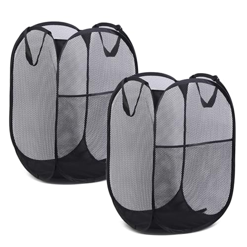 Pop-Up-Wäschekörbe, 2 Stück Faltbarer Laundry Basket Mesh, 75L Faltbarer Wäschekorb aus Mesh, Atmungsaktiver Wabennetz-Wäschekorb für Kinderzimmer College Dorm Camping und Reisen(Schwarz)