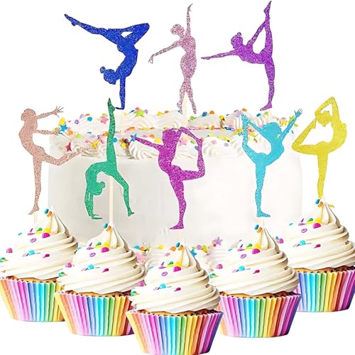 24 Stück Gymnastik Tortendeko, Glitter Rhythmische Gymnastik Cupcake Toppers, Mädchen Gymnastik Cupcake Aufkleber, für Gymnastik Thema Party, Babyparty, Geburtstagsparty Zubehör.