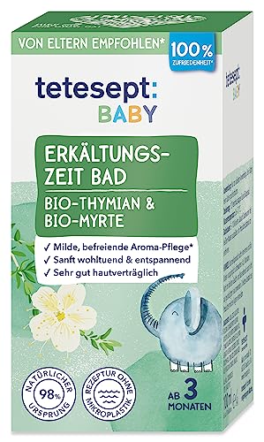 tetesept Baby Erkältungszeit Bad – Badezusatz mit Bio-Thymian und Bio-Myrte für einen befreienden Duft-Effekt – Wohltuende, milde Aroma Pflege für Babys ab 3 Monaten – 100 ml