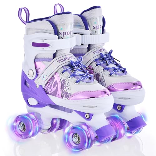 TOMSHOO Rollschuhe Kinder, Roller Skates mit 4 Größen Verstellbar, LED Rädern, Mehrere Größenoptionen, für Weihnachts und Geburtstags Geschenke, Größe L, Violett