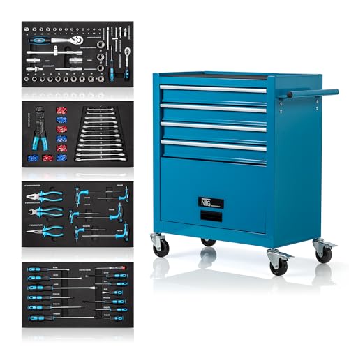 NTG PERFEKTE WERKSTATTORGANISATION Werkstattwagen Werkzeugwagen | Inkl. Werkzeug 70 tlg. | 4 Schubladen + großes Fach | Kugelgelagerte Schubladen | Transportsicherung | 2 Rollen mit Feststellbremse
