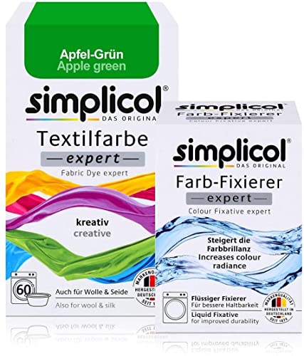 simplicol Textilfarbe expert + Farbfixierer Kombipack, Apfel-Grün 1714: Farbe für Waschmaschine oder manuelles Färben