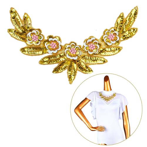 duoyif Pailletten Blumen Applikation Ausschnitt Spitze Kragen Applikation Pailletten Blumen Applikation Spitzen Blumen Patches für Diy Handwerk Ausschnitt Brautkleid Kleidung Zubehör (Gold)