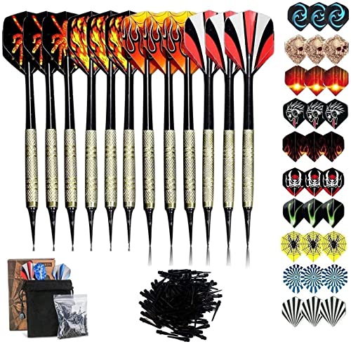 Sinwind Dartpfeile mit Kunststoffspitze, 12 Stück Soft Dartpfeile Set für Elektronische Dartscheibe, Softdart Pfeile mit 30 zusätzlichen Flights 10 Motive, 100 Kunststoff Dartspitzen Zum Austauschen