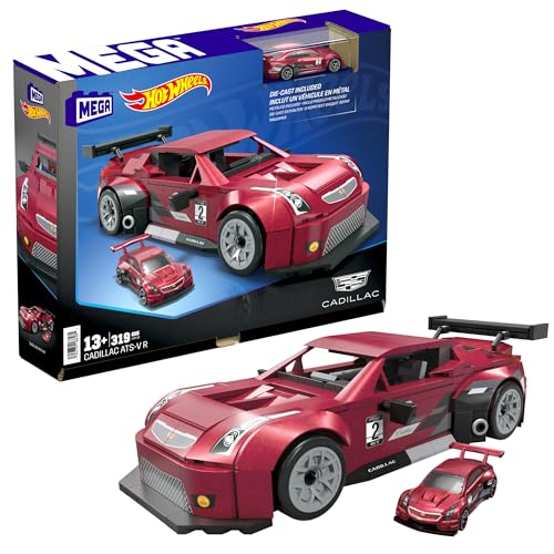 MEGA Hot Wheels Zusammenbaubares Autospielzeug zum Sammeln, Cadillac ATS-V R mit 319 Teilen und Die-Cast-Modell, Set für Sammler zum Zusammenbauen und Präsentieren, rot, HRY18