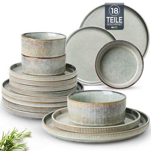 GBhome Geschirrset 6 Personen, 18-tlg Reaktive Glasur Handarbeit Steingut Geschirr Set, Mikrowellen- & Spülmaschinenfest Schüssel- und Teller Set, Desret Salbei
