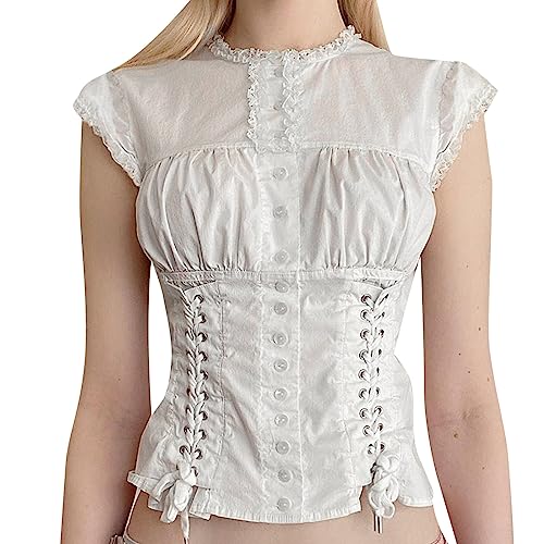 Sommer-Stil Oktoberfest personalisiertes Corsagen-Design Flyff-Ärmel Spitzennaht Rundhals-Shirt Seiden Top Damen Münchner Bier Fest Dirndl Cropped Vest Mini Bluse