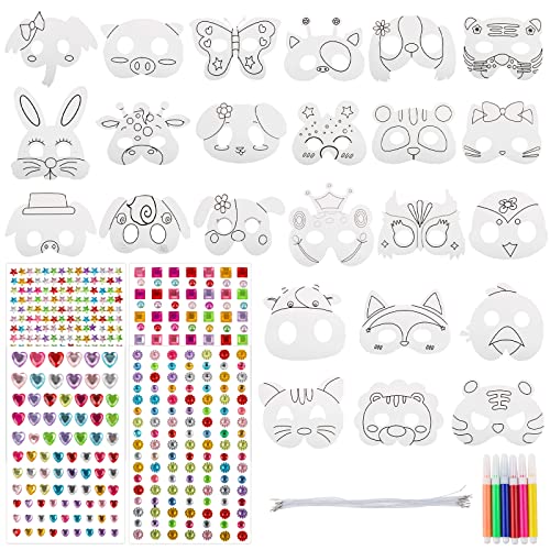 COLOFALLA 24 Stück Masken zum Ausmalen für Kinder Tiermaske zum Bemalen Papiermaske 4 Blatt 588pcs Strasssteine Selbstklebend Geschenk Mitgebsel für Halloween Weihnachten Geburtstag Mottoparty (B)