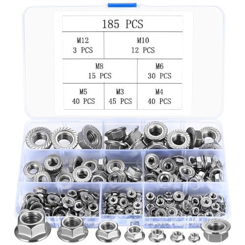 185 Stk Flanschmuttern, Sechskant Flansch Muttern mit Flansch und Sperrverzahnung, M3 M4 M5 M6 M8 M10 M12 Sechskantmuttern Selbstsichernde Muttern, Sperrzahnmuttern, Sechskant flanschmutter Set