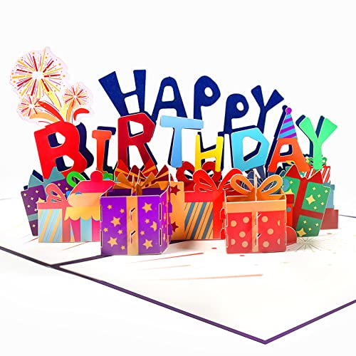 Magic Ants 3D Pop-Up Geburtstagskarte mit HAPPY BIRTHDAY und Geschenken Bunte Karte mit Feuerwerk für Kinder Erwachsene Jubiläe Geburtstagsfeiern Festliche 3D Pop-Up Karte für jedes Alter