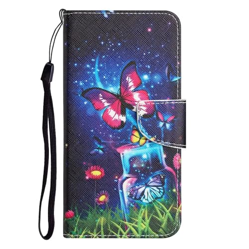 Rnrieyta Miagon für Samsung Galaxy A15 5G Hülle,PU Leder Handyhülle mit Kartenfach Ständer Tasche Flip Brieftasche Magnetische Bunt Malerei Schutzhülle Case Etui,Flasche Schmetterling