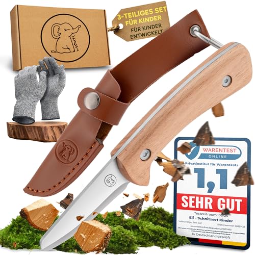 Eli® Schnitzmesser für Kinder mit Ledertasche ab 8 Jahre - hochwertiges Kindermesser Schnitzset inkl. schnittfeste Handschuhe - Kinderschnitzmesser - Schnitzwerkzeug - Outdoor Messer