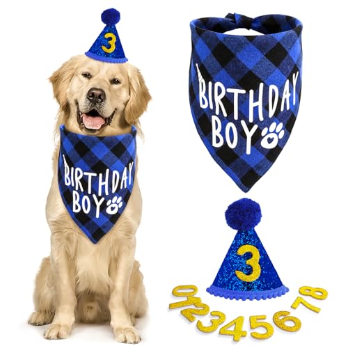 Amaxiu Hunde Geburtstagsparty Set,Hunde Geburtstags Bandana Mütze mit 8 Bling Nummern Haustier Alles Gute zum Geburtstag Zubehör glitzernde Mütze kariertes für kleine mittelgroße und große Junge(blau)