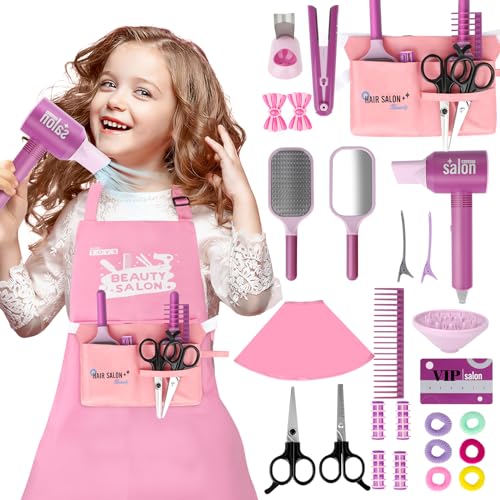 deAO Friseurset Spielzeug Kinder mit Friseurtasche, Haartrockner Inkl. Bürste und Diffusor-Aufsatz, Spiegel Anderen Friseur Zubehör, Kleine Mädchen Puppe Salon Spielzeugset für Mädchen ab 3 Jahren
