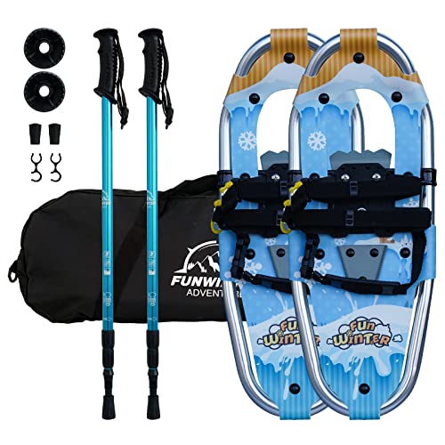 FunWater 3 in 1 Leichte Schneeschuhe für Herren Damen Aluminium Schneeschuh mit Größenverstellbar Trekking Stöcken, Bergausrüstung Wandern auf Schnee, rutschfest Schneeschuh Set, Kinderversion