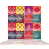 WALPLUS 16 Stück 15.4x15.4cm Buntes Mandala Spanisch Mehrfarbig 3D-Fliesenaufkleber Abziehen und Aufkleben Backsplash Abziehbilder Startseite Dekore Aufkantung für Küche Badezimmer Kacheln Farbe auf