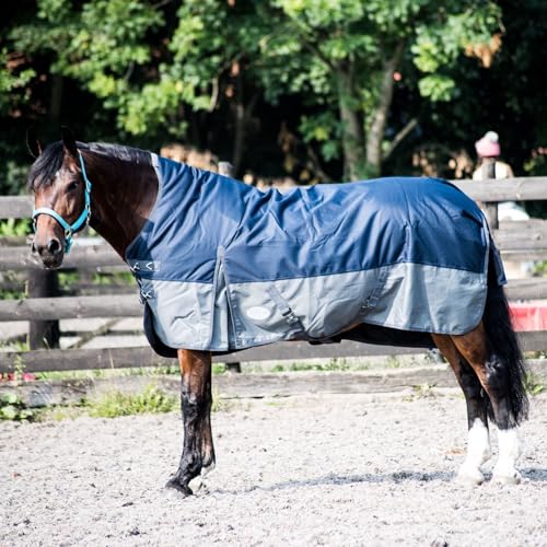 eQuitack Your Passion Is Our Mission Regendecke Winterdecke Turnout 100% Wasserdicht 600D mit Fleece Highneck Multi Farbe Navy/Grau - 145cm