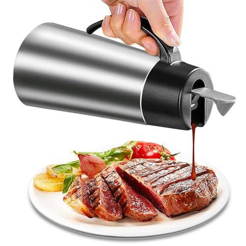 Edelstahl Thermo Sauciere 750ML, Soßenkanne mit Auto Flip Deckel,Ölspender Edelstahl,Soßenschüssel,Silberner Saucenkrug,Thermosoße Topf,Saucenbecher für Olivenöl Vanillesoße Sahne Soße Mayonnaise