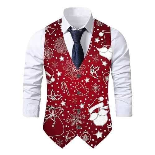 Beokeuioe Weihnachtsweste Herren Weihnachten Anzugweste Lustig Weste Christmas Festlich Santa Party Hochzeit Ärmellose Slim Fit Fischgrätweste Anzug Weste Weihnachten Westen Vest