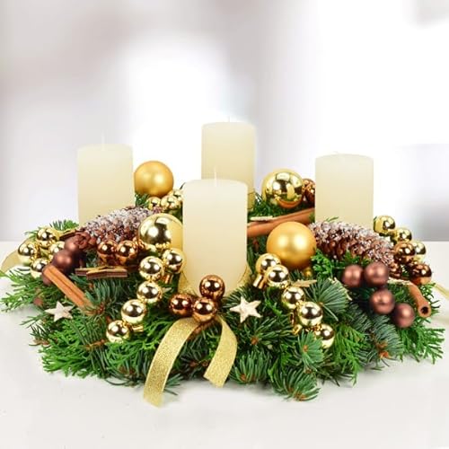 Frischer Premium-Adventskranz Klassik in Gold-Beige, handgebundener Kranz aus echter Nobilistanne, Durchmesser 30 cm, mit 4 hochwertigen Rustikkerzen, Adventszeit & Weihnachtsdekoration