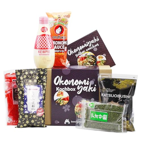 Okonomiyaki Kochset für japanische Pfannkuchen (für 6 Portionen, 6-teiliges Set, inkl. Anleitung), Geschenkidee | Bestehend aus: Okonomiyaki-Ko, Bonito, Ingwer, Aonori, Okonomi Sauce und Mayonnaise