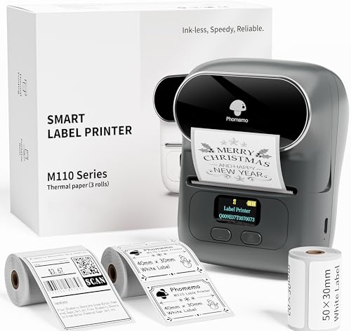 Phomemo M110 Etikettendrucker Selbstklebend mit 3 Etikettenrollen, Thermo Beschriftungsgerät Bluetooth Etikettendrucker für Barcode,Einzelhandel,kleine Unternehmen,mit Telefonen & PC-System (Grau)