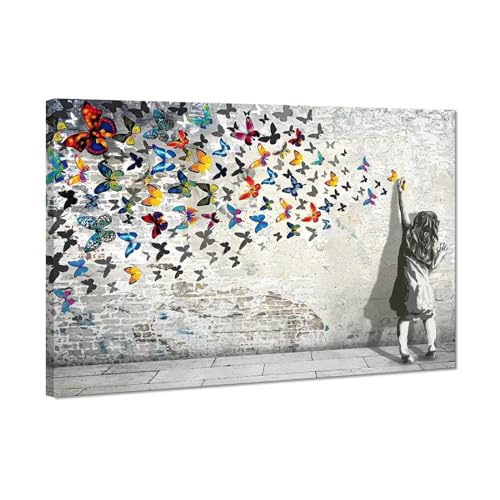 Banksy Graffiti-Leinwand-Kunst, Schmetterling, Tiergemälde, Bilder, Poster, gespannt und gerahmt, Straßenkunst, Graffiti-Kunstwerk für Wohnzimmer, Schlafzimmer, Küche, Dekor, fertig zum Aufhängen, 61