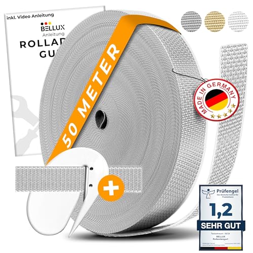 BELLUX Rolladengurt 50 Meter [Made in Germany] inkl. Gurtschneider | 23mm - extrem reissfest - bis 200Kg| Gurtband Rolladenband Rollogurt Rolloband f. alle Gurtwickler Fenster Türen Grau Weiß Beige